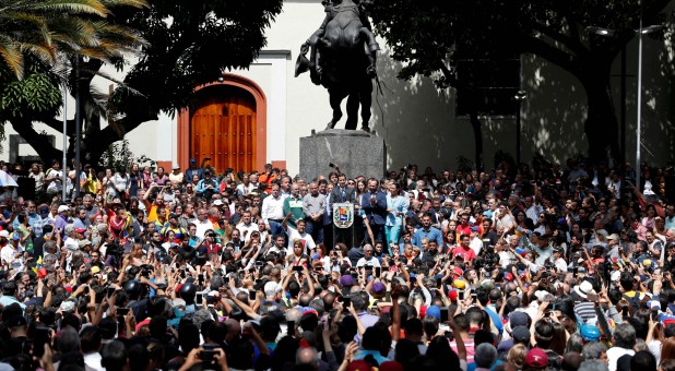 Venezuela's opposition leader Juan Guaido speaks during a news conference in Caracas, Venezuela.