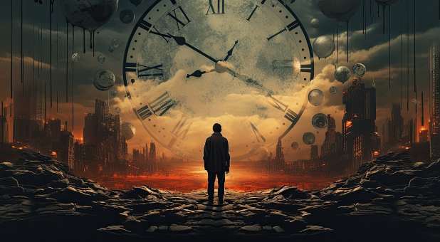 Lone figure in scene of destruction with doomsday clock superimposed.